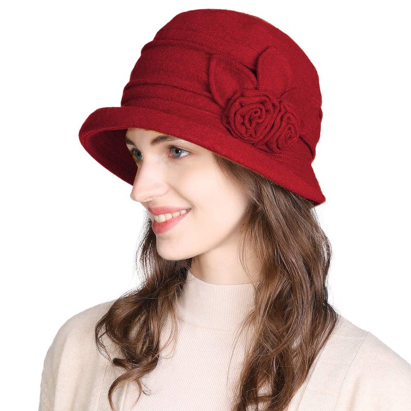 Comhats Womens Vintage Wool Felt Cloche Bucket Hat Winter Packable 1920s Fedora Bowler Church Derby Party Medium Red - Image 1